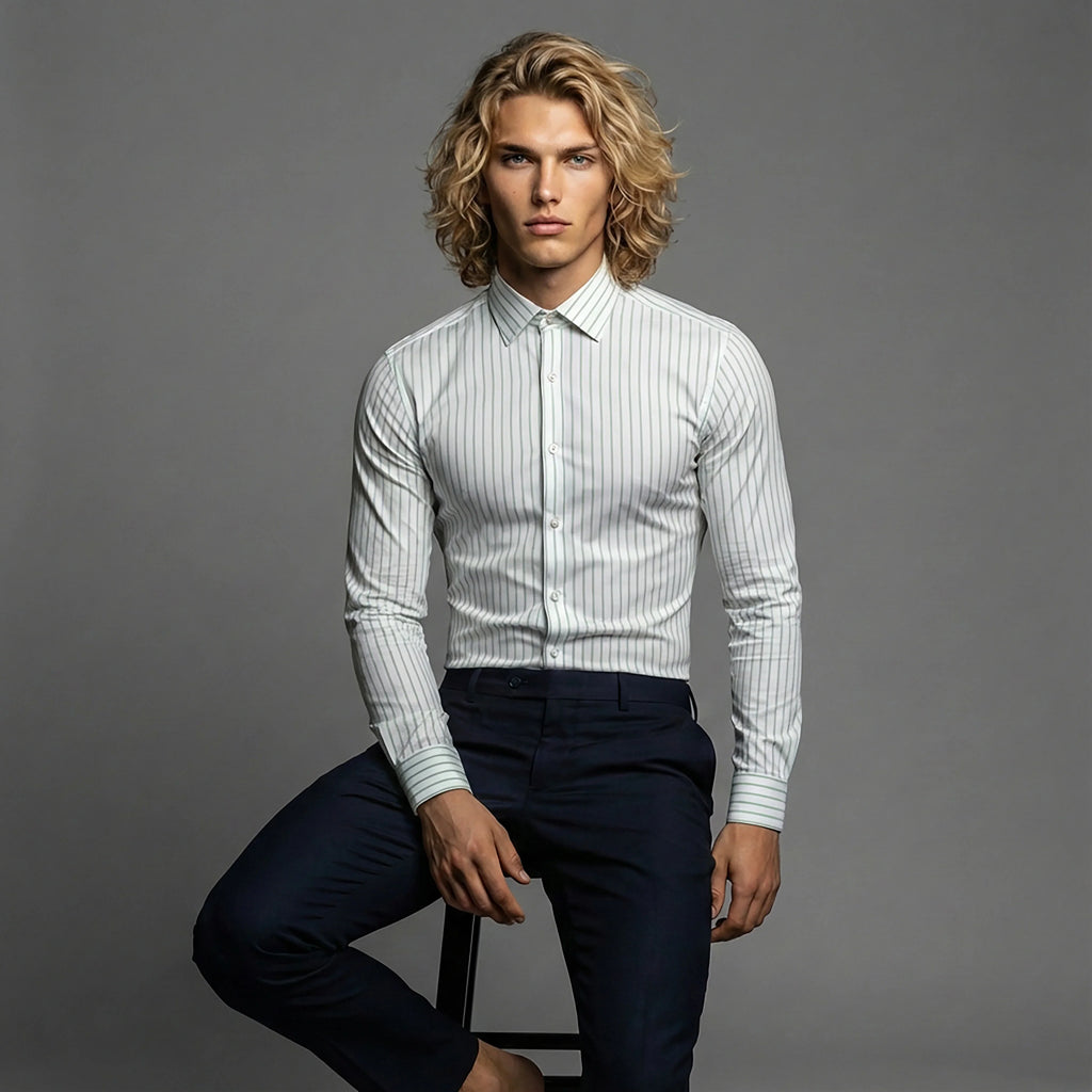 DGMAH slim fit striped dress shirt and navy trousers on model, gray background