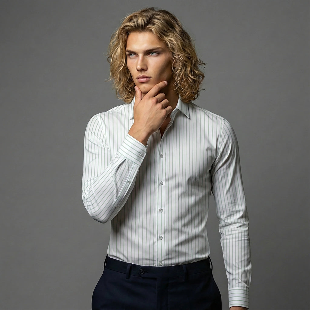 Man in fitted white pinstripe dress shirt and dark pants posing against gray background, DGMAH