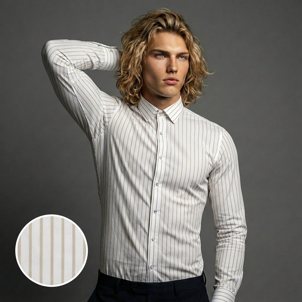 Man wearing a white striped shirt with a close-up of the shirt pattern on a gray background