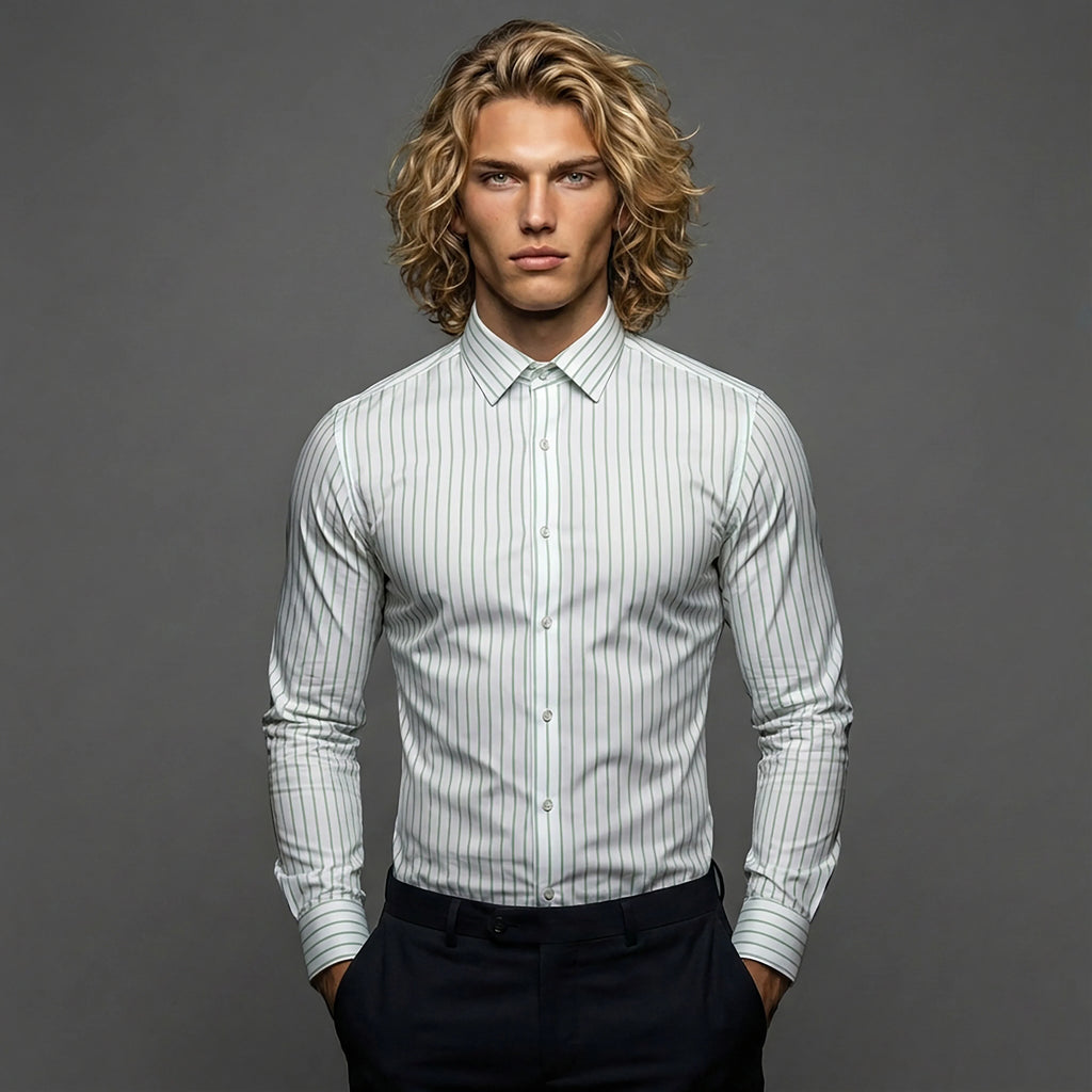 DGMAH slim fit striped dress shirt on male model against gray background