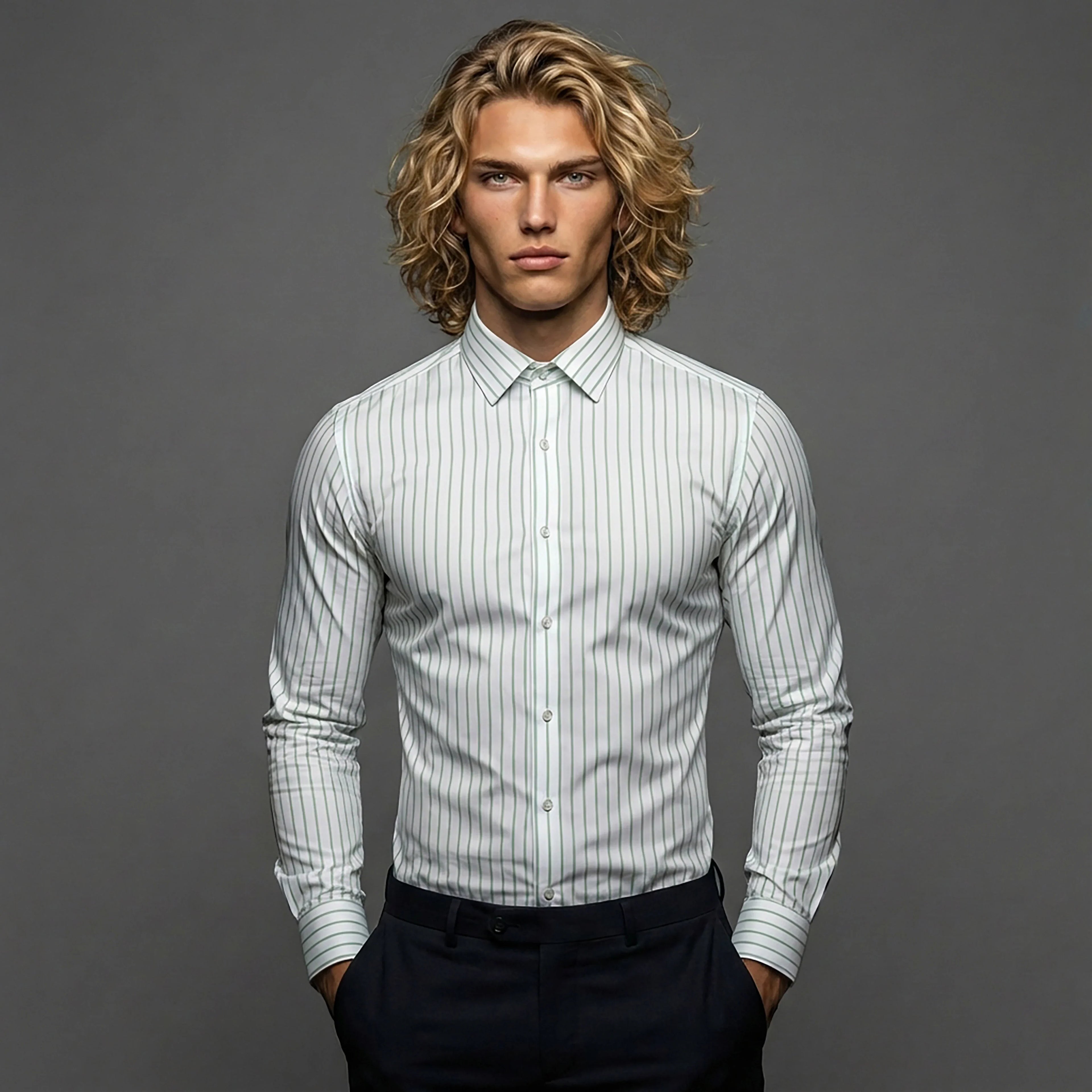 DGMAH slim fit striped dress shirt on male model against gray background