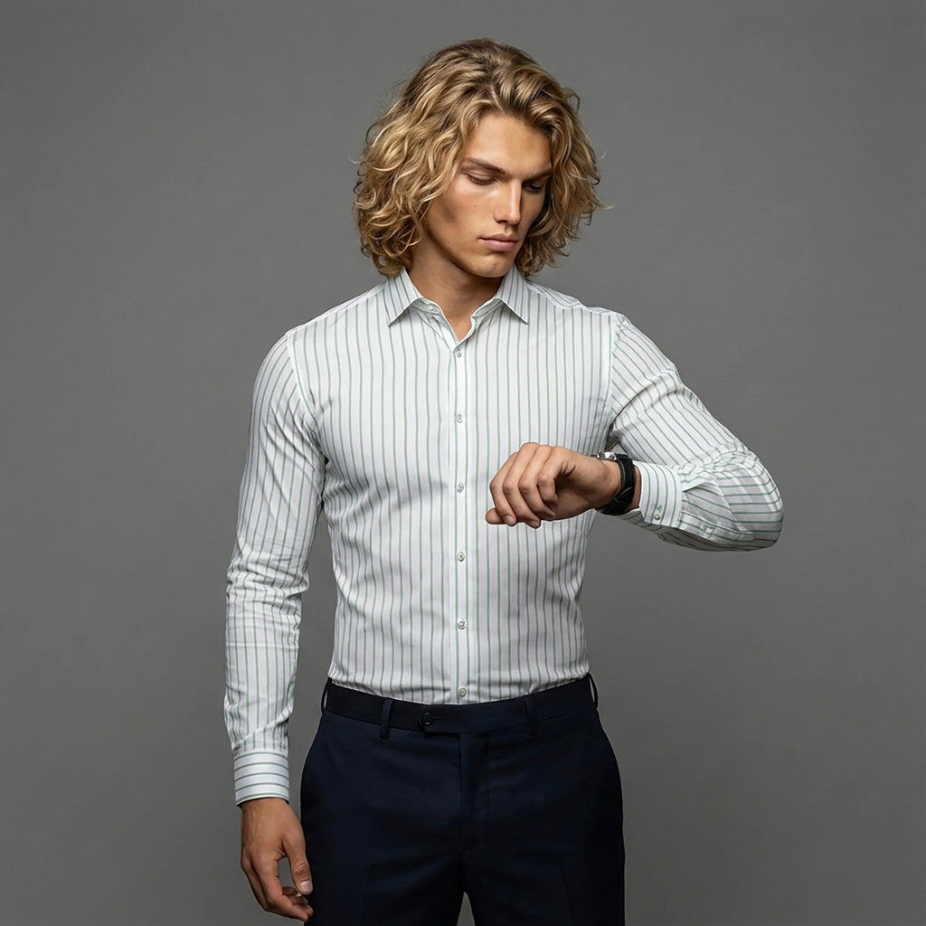 Man in striped dress shirt and dark pants checking watch, DGMAH fashion style
