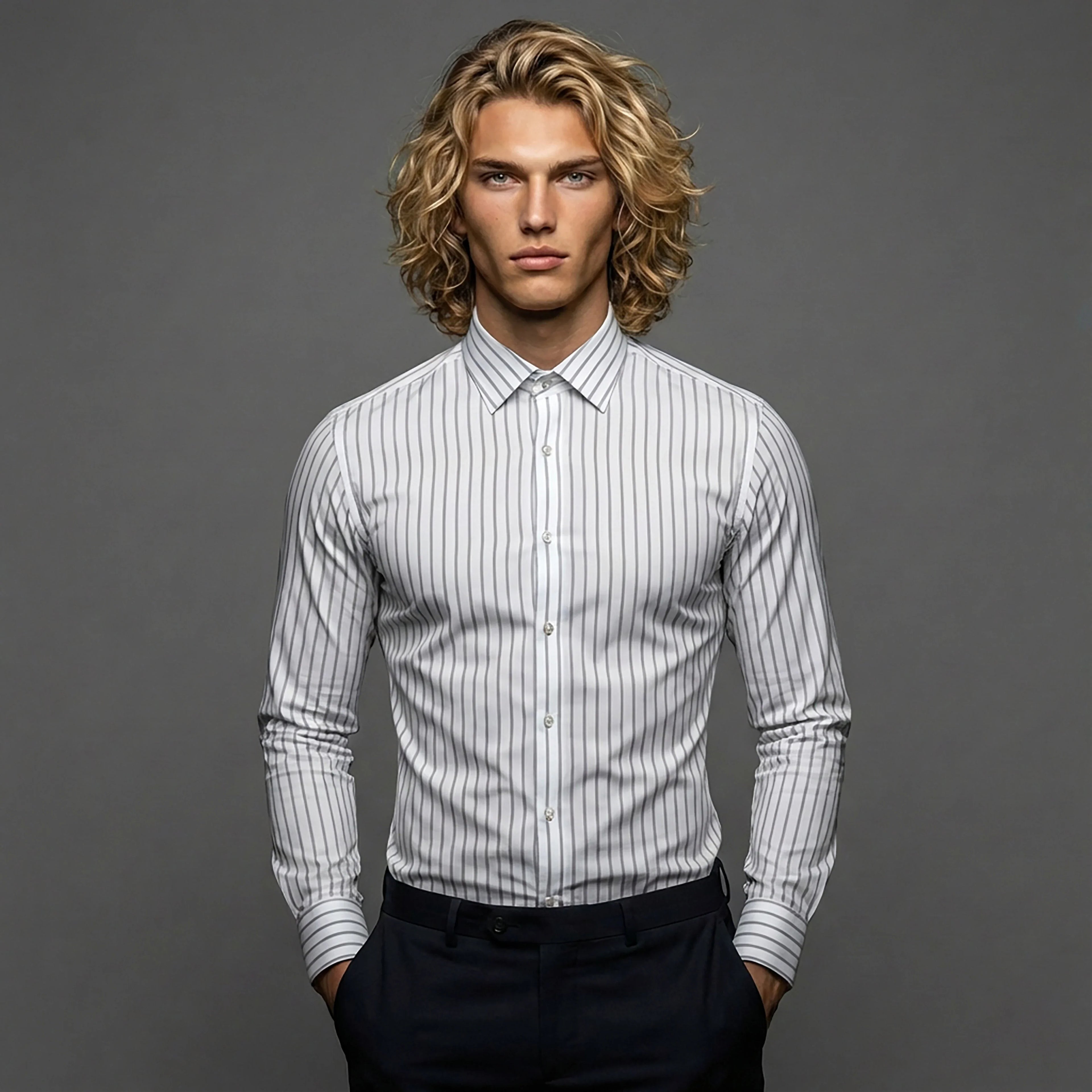 DGMAH men's classic fitted striped dress shirt, long sleeves, front view, neutral background