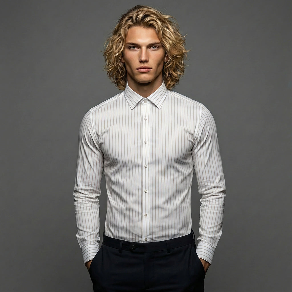 Man in a slim fit white striped dress shirt and black pants on gray background, DGMAH fashion