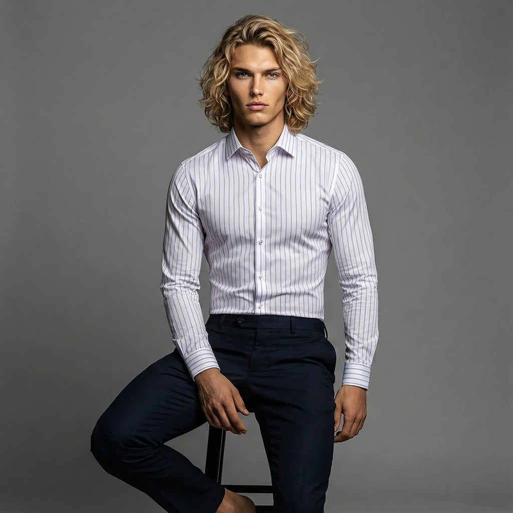 Man in slim fit white striped dress shirt and dark pants, seated, DGMAH fashion