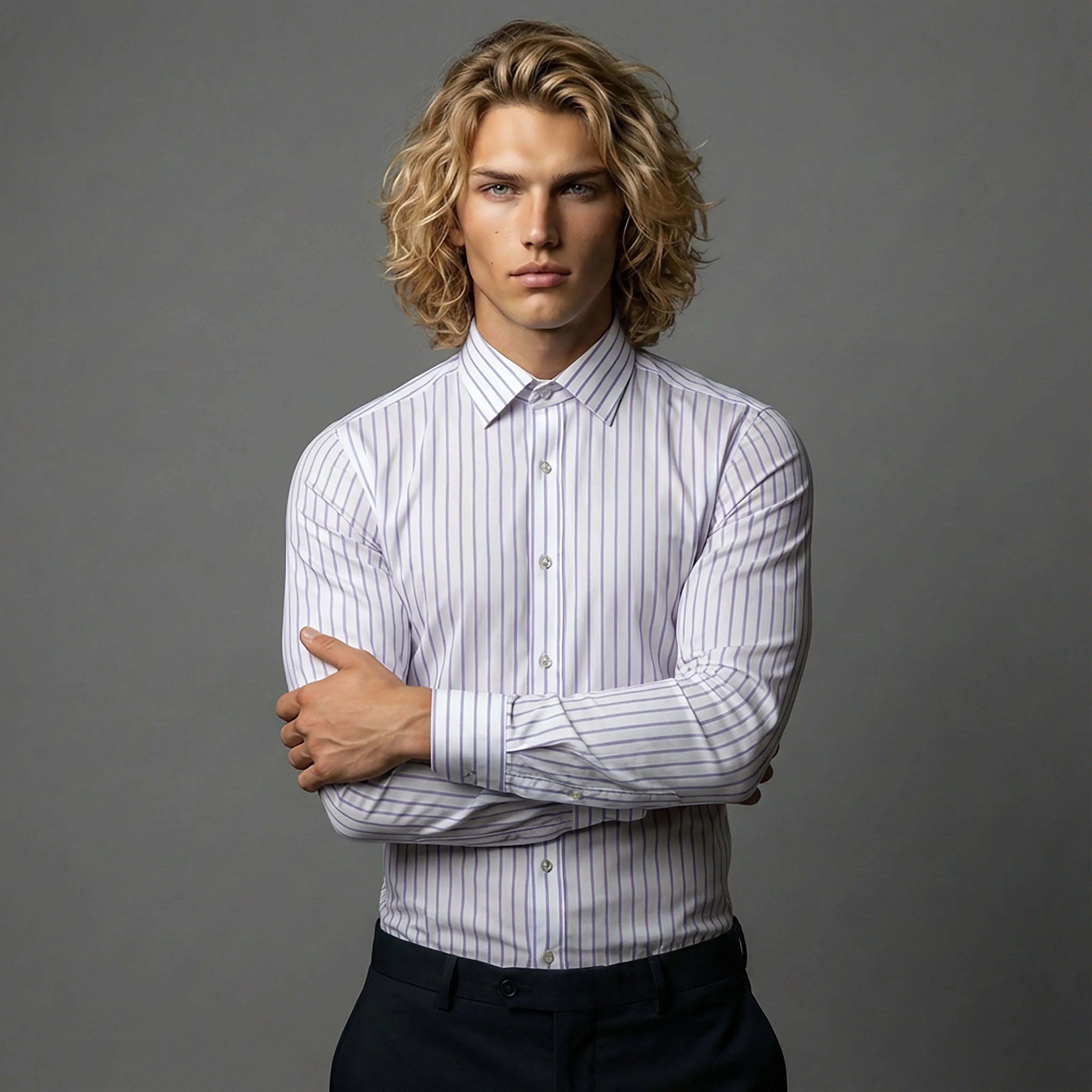 DGMAH slim fit white dress shirt with blue stripes, long sleeves, model, grey background